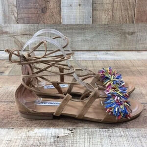 Steve Madden Swizzle Leather Gladiator Sandals Womens 7 Suede Lace Up Fringe Toe